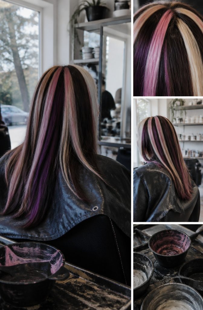 Hair with contrasting pink black and white chunky streaks