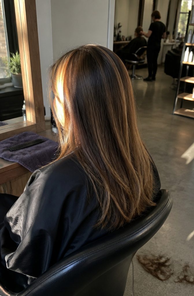 Dark brown hair with auburn and golden blonde ribbons at the temples