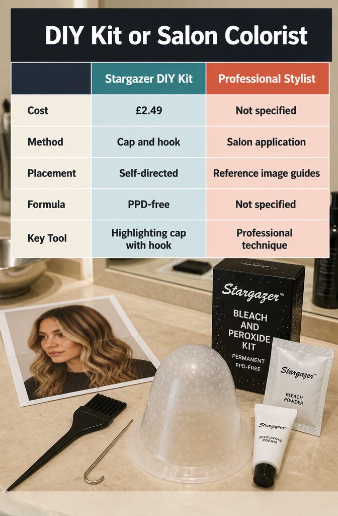 Hair bleach kit with powder developer highlighting cap and sectioning hook