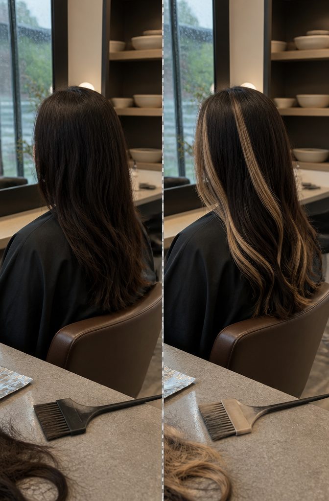 Dark hair with a wide blonde face-framing streak beside the cheek