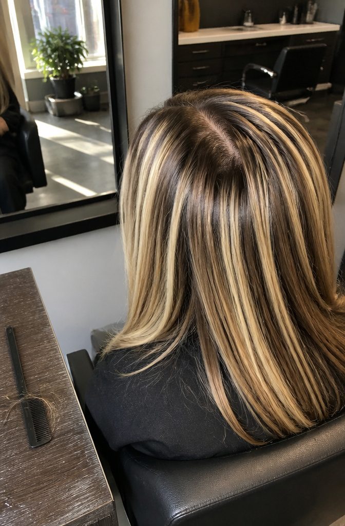 Deep brown roots showing a narrow regrowth band beneath blonde highlights