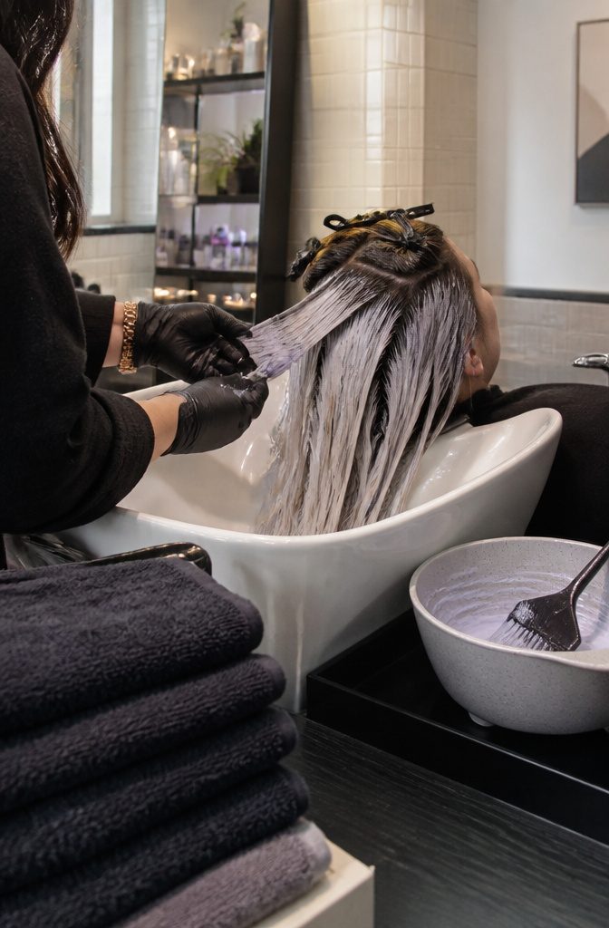 Gloved hand applying violet toner to platinum hair beside clipped dark sections