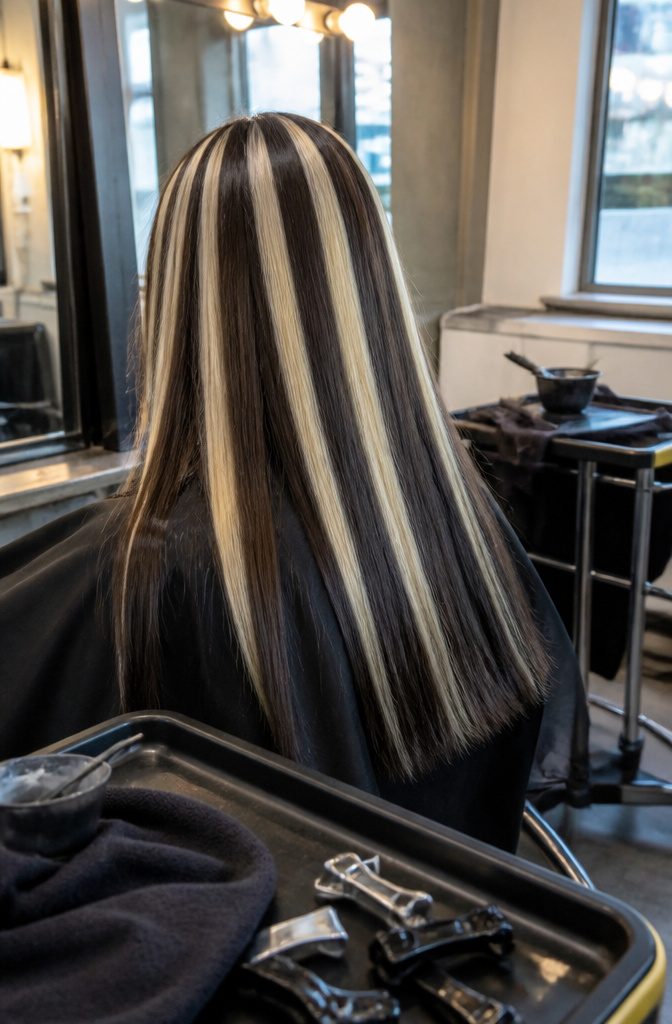 Dark brown hair with wide platinum blonde slices running through it