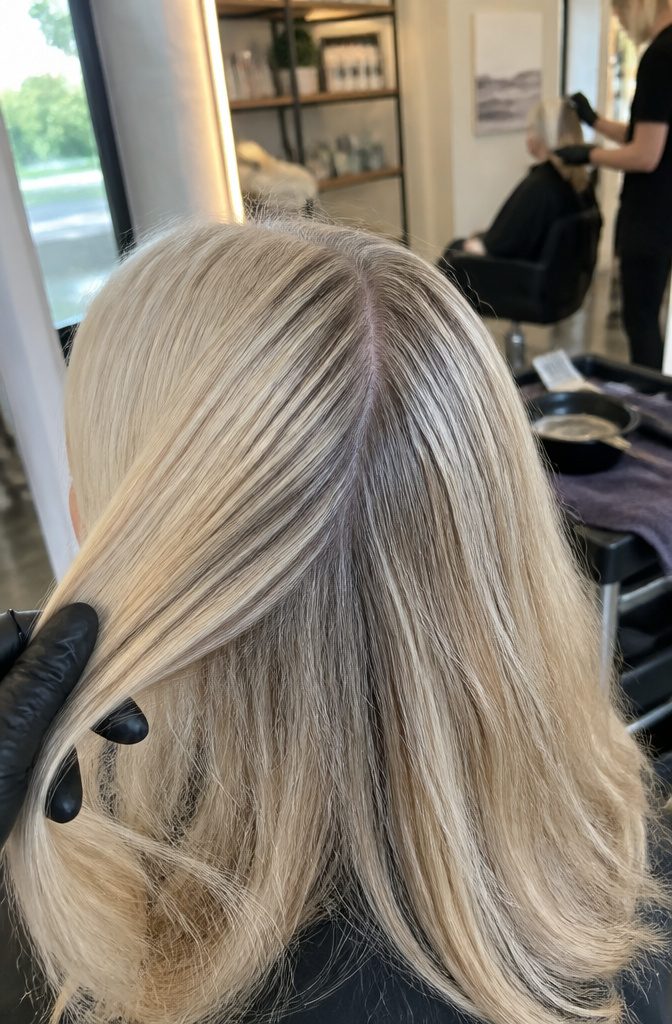 Hair roots with even blonde coverage beside silver strands among blonde pieces