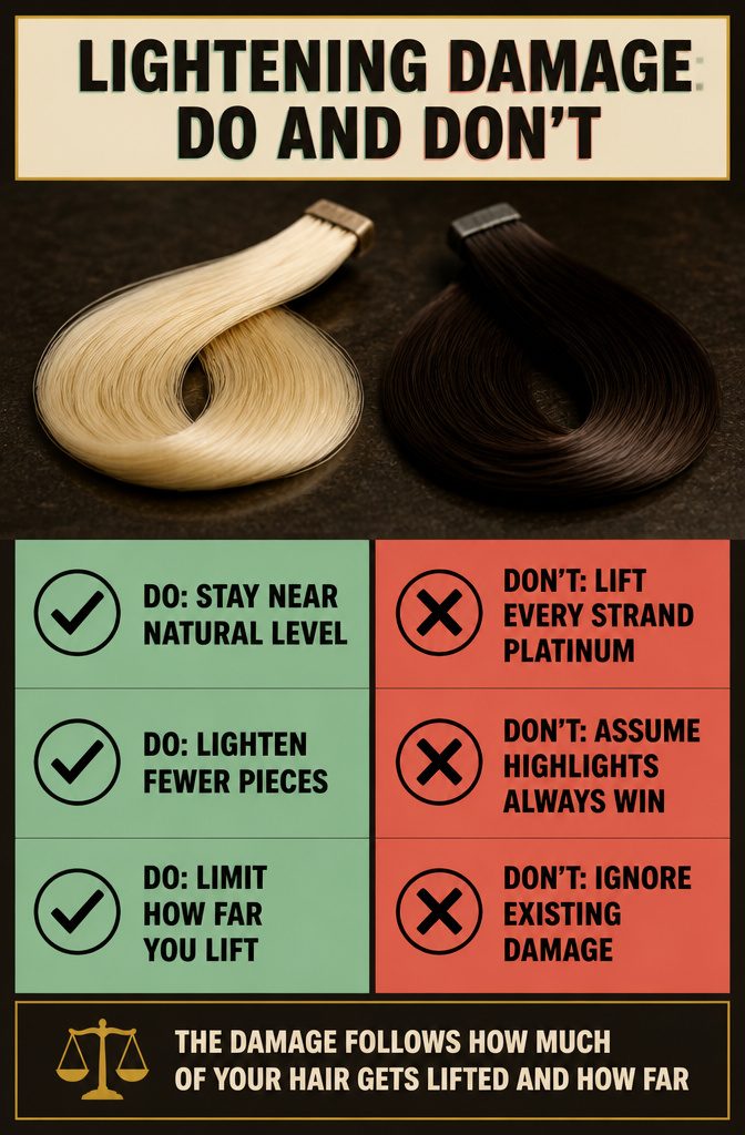 Lightened hair strands beside darker hair showing contrasting levels of processing