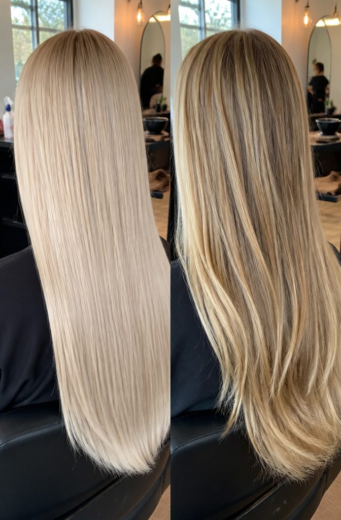 Smooth blonde hair beside hair with lighter ribbons through its lengths