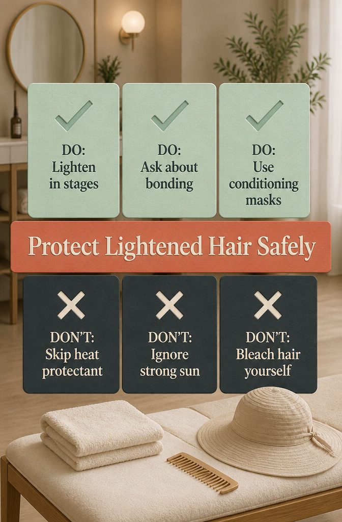 Hair care products beside lightened hair for conditioning and heat protection