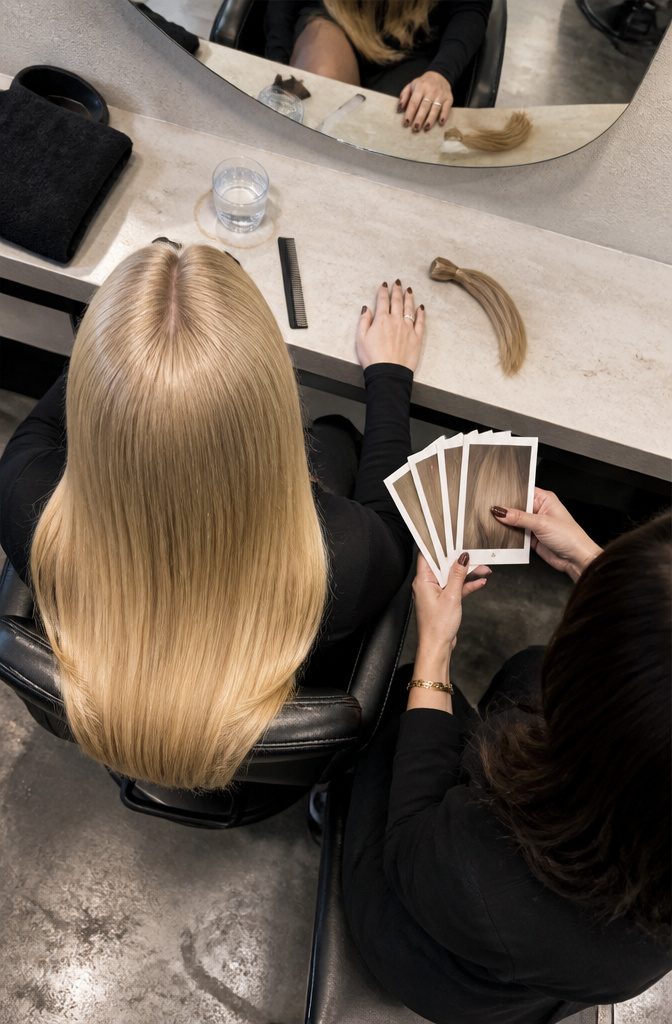 Client and stylist discussing blonde hair photos during a salon consultation