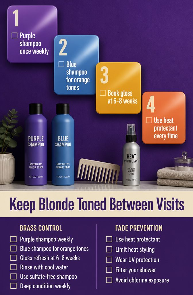 Purple shampoo bottle beside blonde hair with a toning product