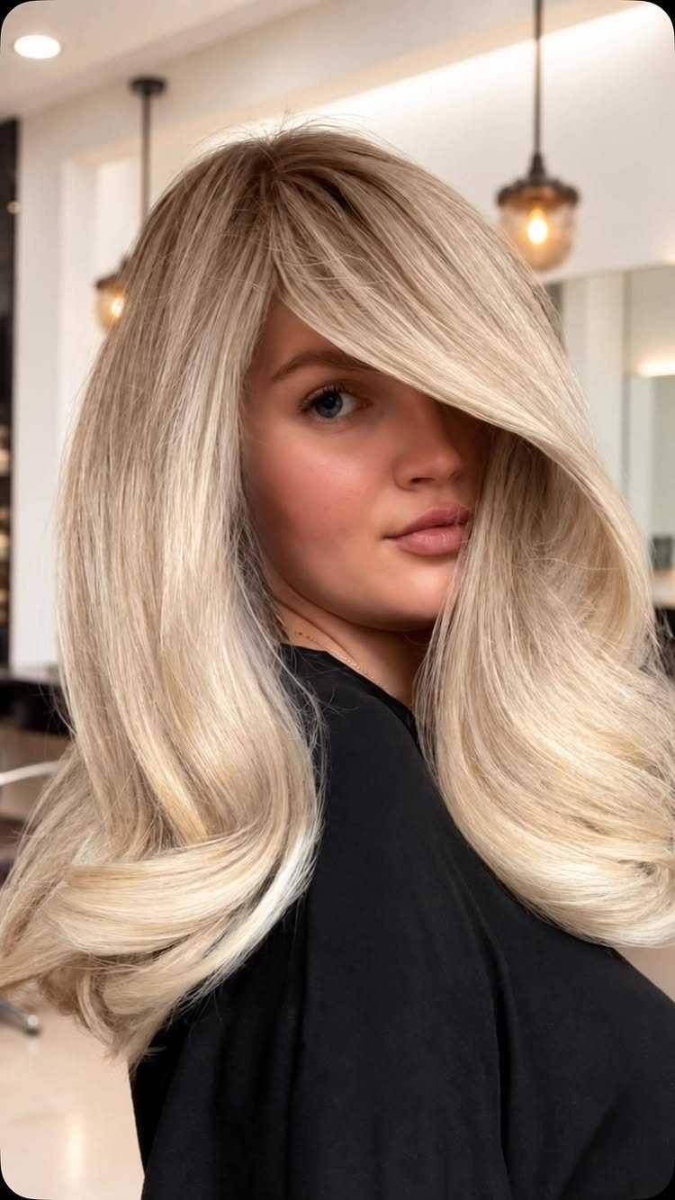 Long ash-blonde hair with blended tones, side-swept fringe, and curled ends