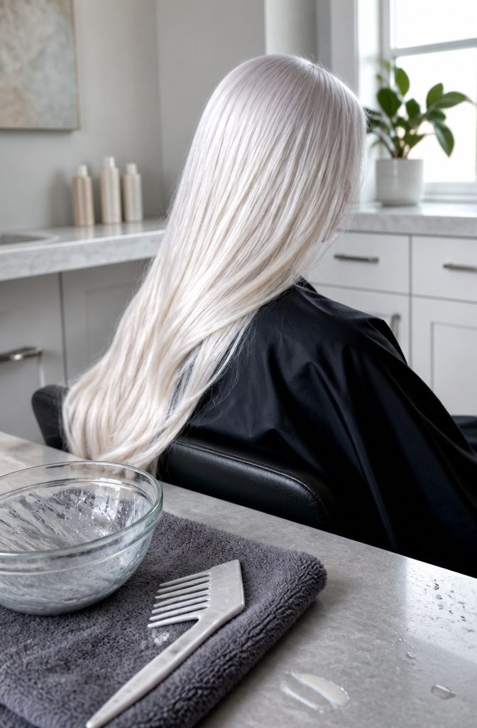 Pearl blonde hair swept over one shoulder with a violet silver sheen