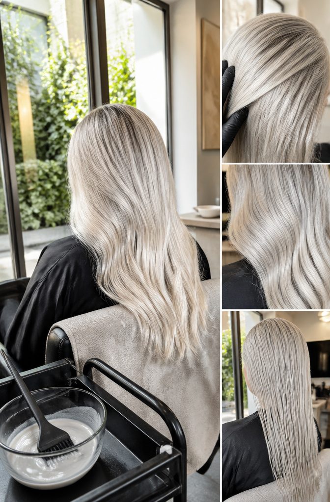 Bright silver white blonde hair with a clean cool finish