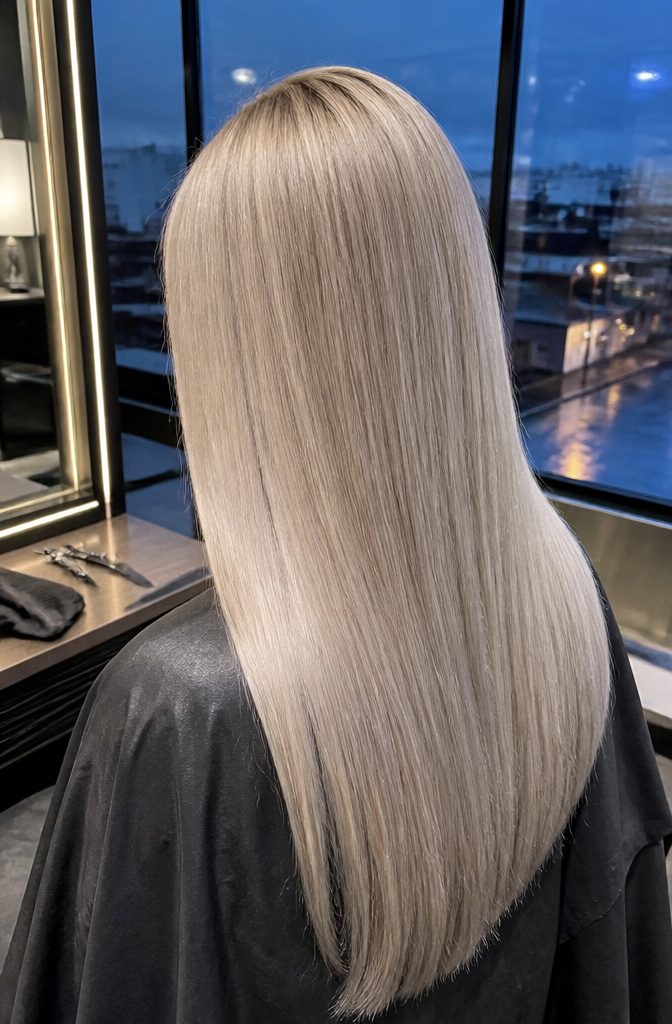 Icy blonde hair with a cool blue based silver tone