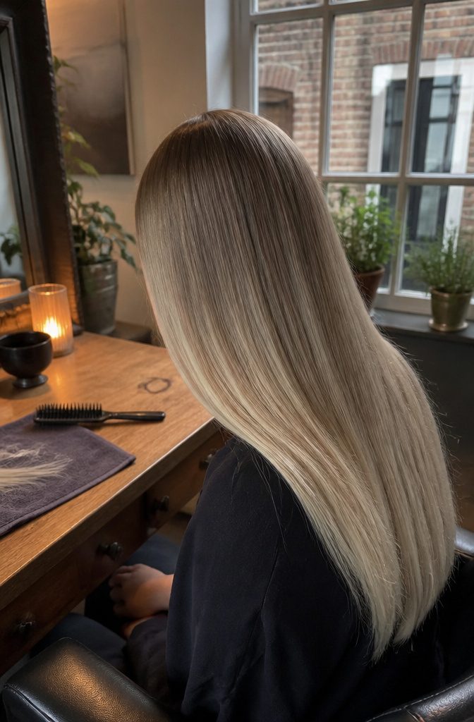Cool blonde hair with a visible shadow root and deeper lengths
