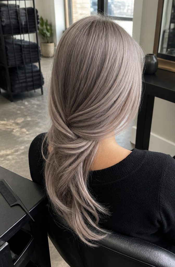 Long pearl grey blonde hair gathered over a shoulder with visible texture