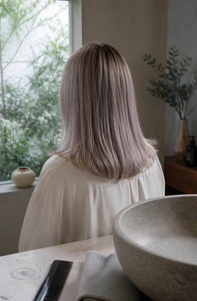 Shoulder length ash blonde hair with an opalescent purple grey haze