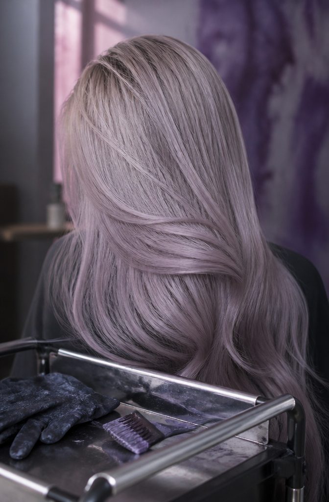 Violet blonde hair with cool silver and lilac tones