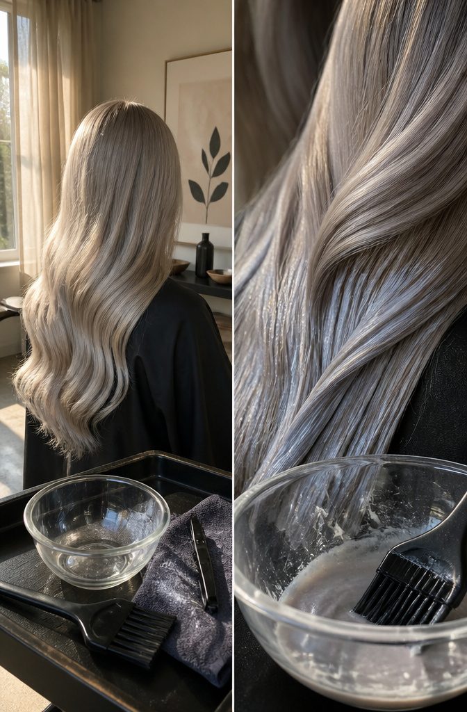 Silver grey blonde hair with a soft pearl shimmer
