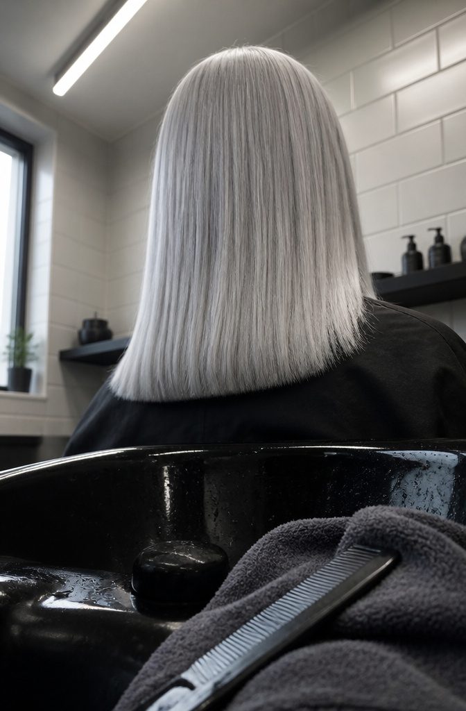 Cool metallic silver grey blonde hair without warmer pearl tones