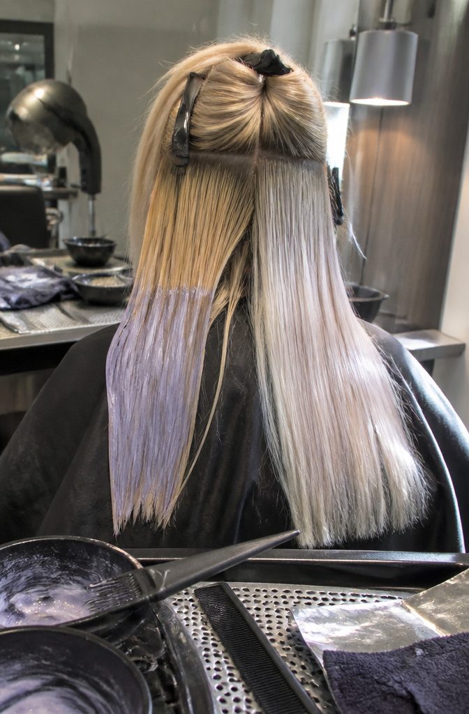 Sectioned blonde hair with violet mid lengths and pearl toned ends