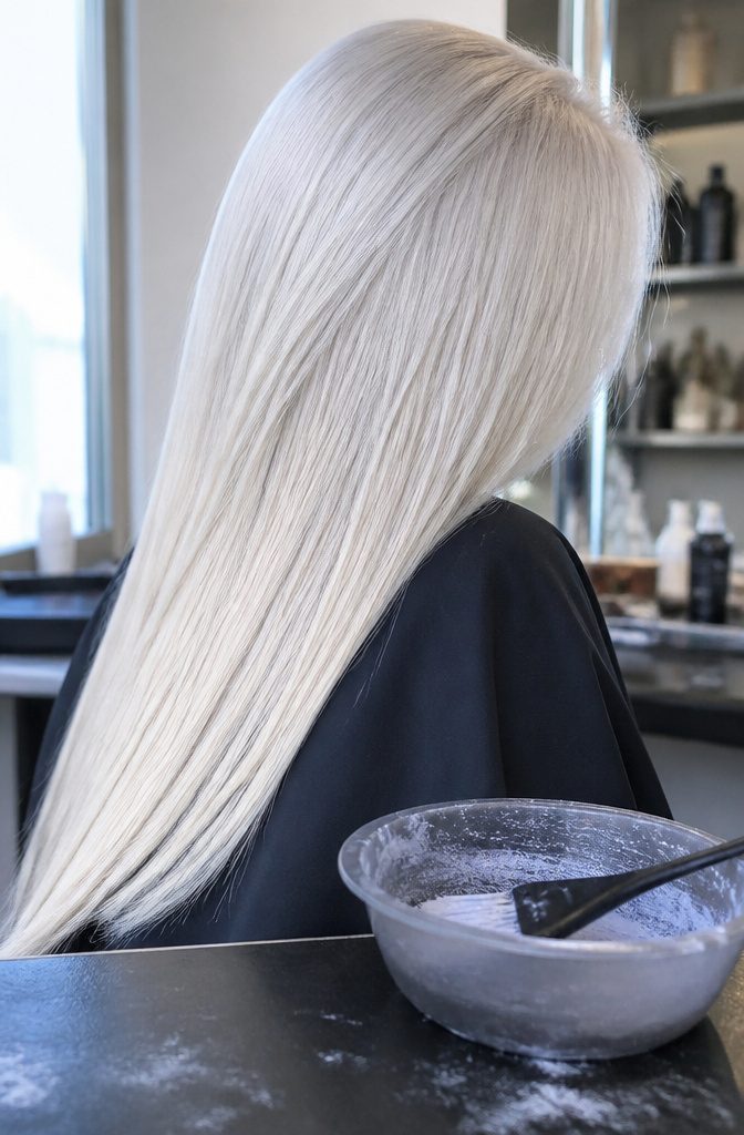 White platinum blonde hair with an icy silver-white finish
