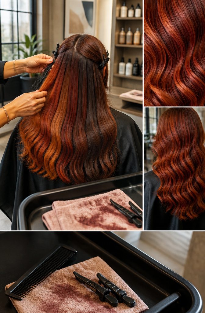 Auburn hair with copper highlights showing a deep red-brown base