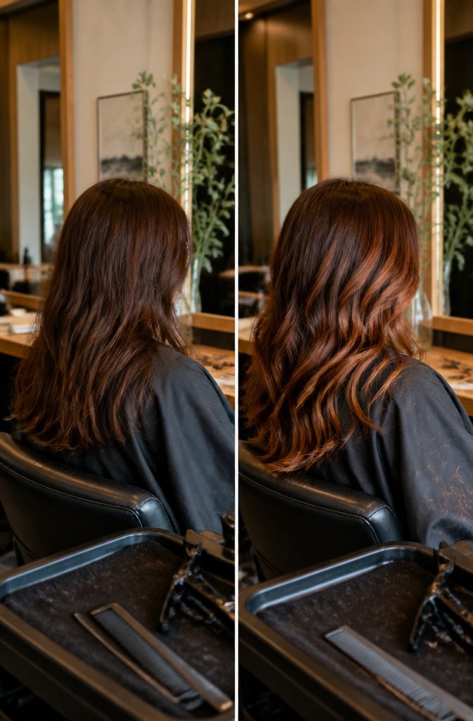 Auburn hair with copper highlights framing the face