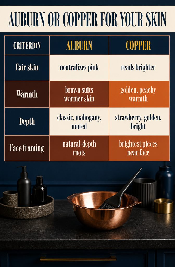 Beauty chart comparing auburn and copper hair colors against skin tones