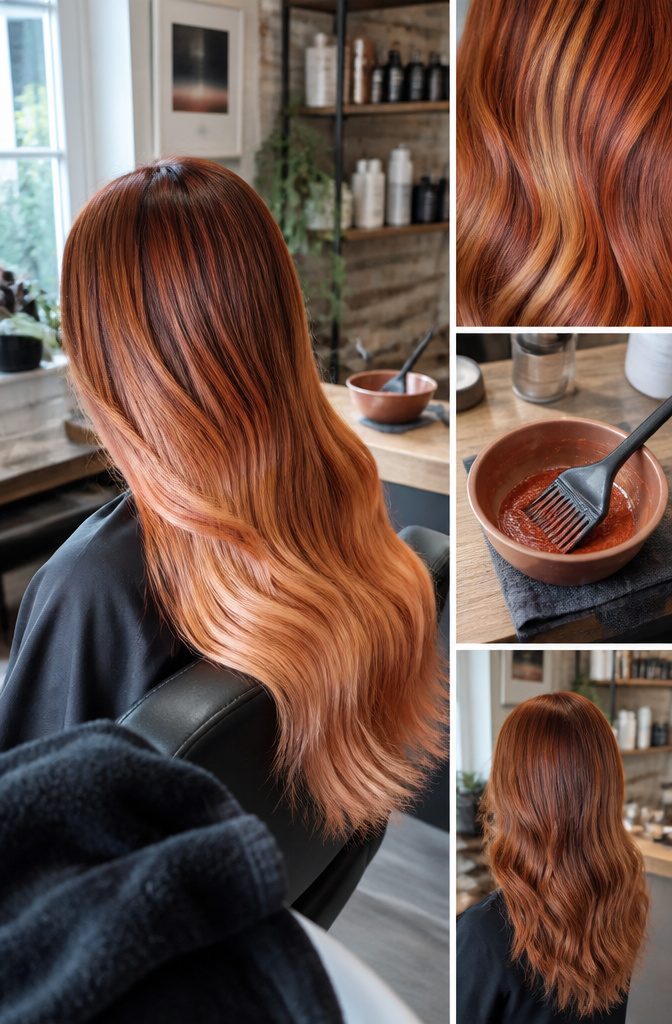 Auburn hair with copper highlights showing deep copper strands