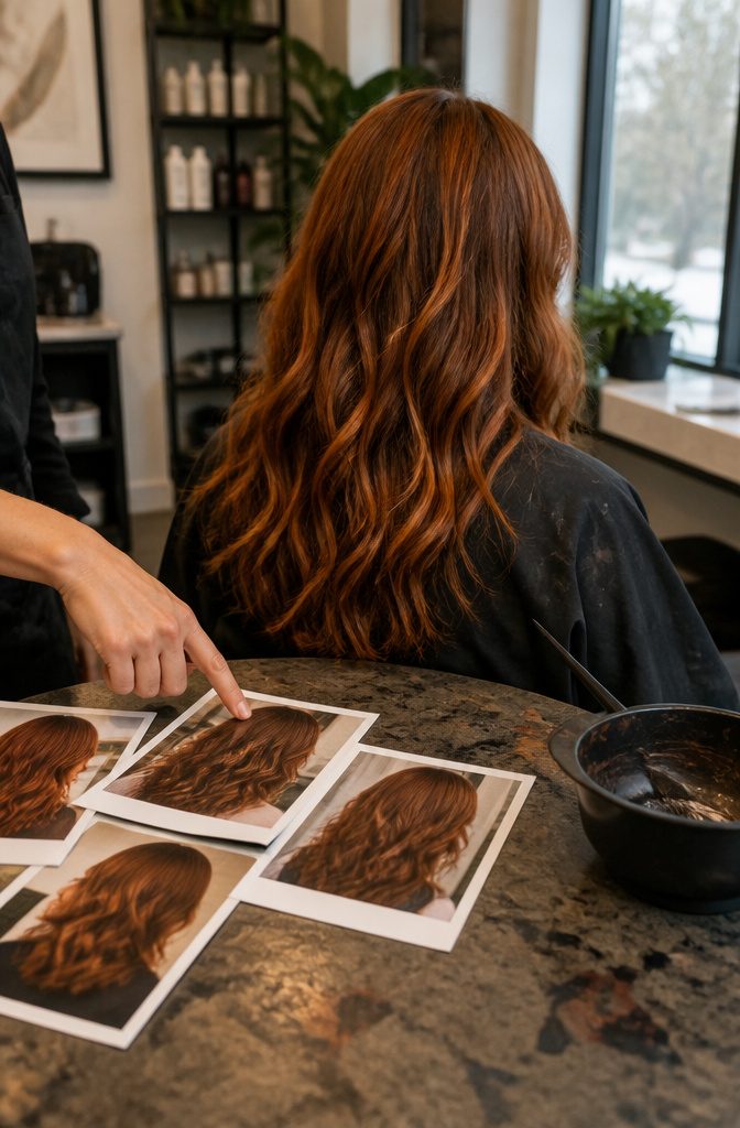 Client seated beside stylist with printed auburn and copper hair photos