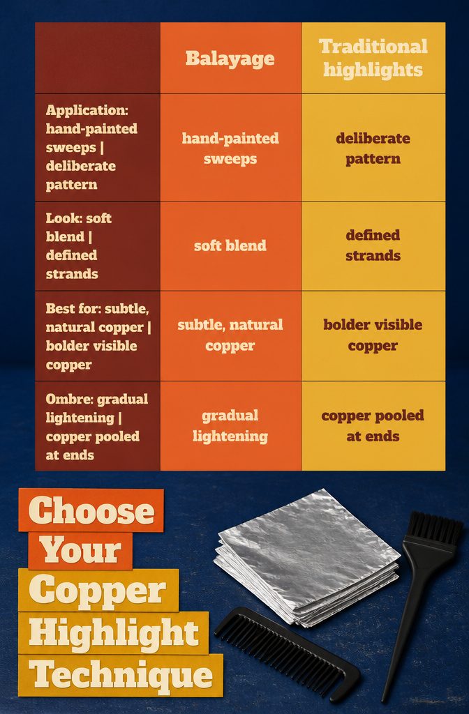 Beauty graphic showing copper highlight techniques for auburn hair