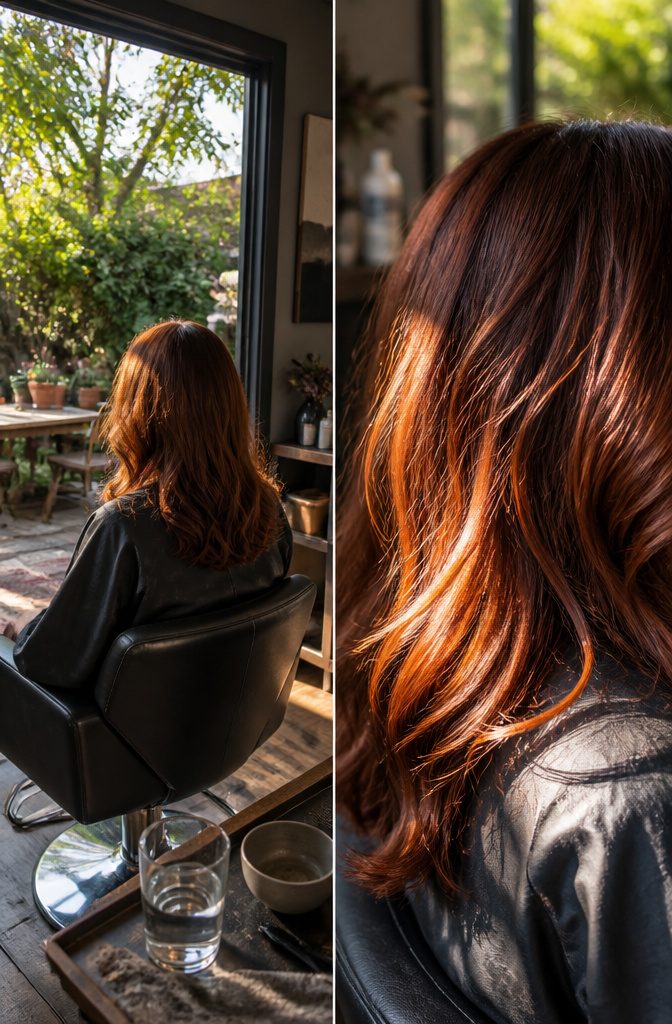 Auburn hair with copper highlights photographed in changing light