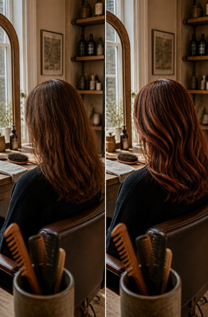 Auburn hair with a few bright copper highlights