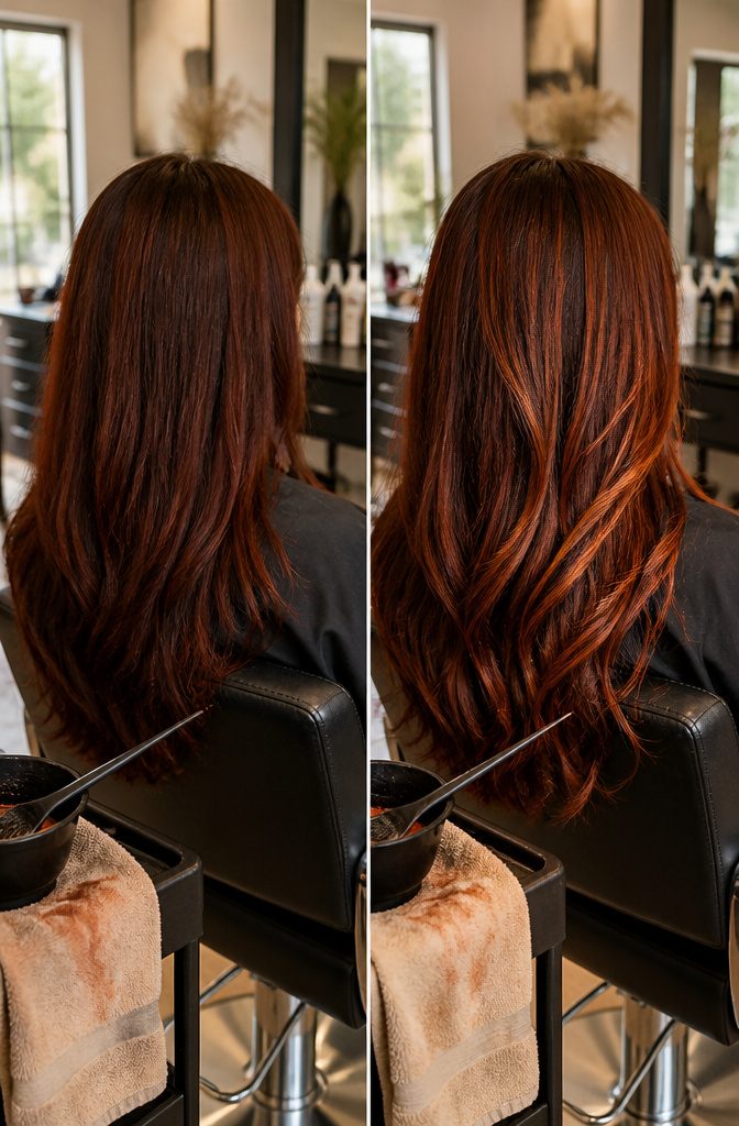 Auburn hair with copper highlights showing brown-red hair and orange-gold strands