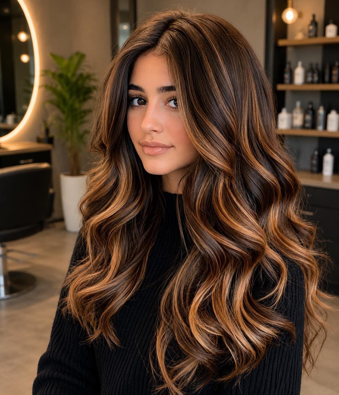 Woman showing long dark waves with warm caramel highlights in a salon