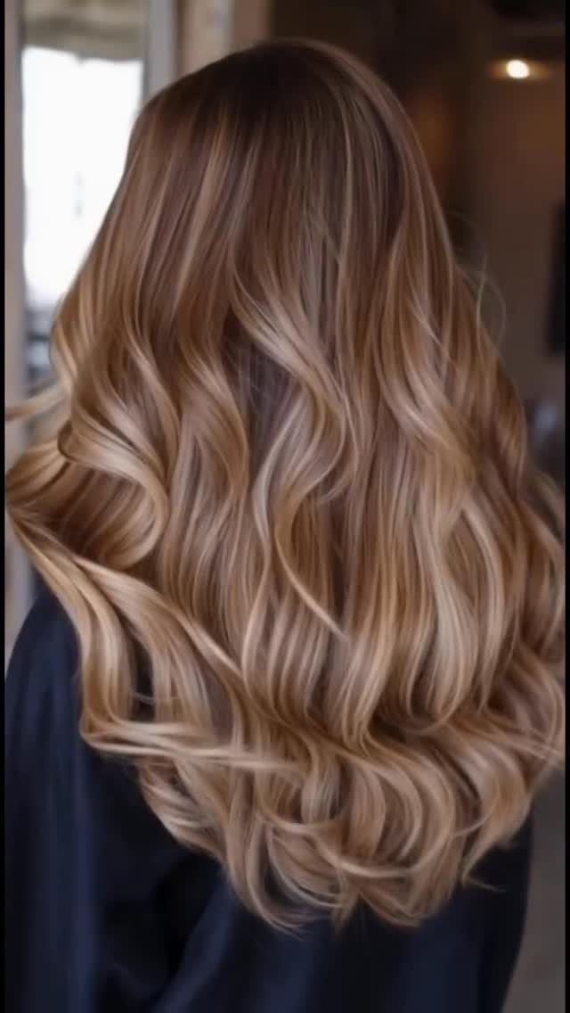 Long wavy hair melts from dark brown roots into warm honey blonde ends