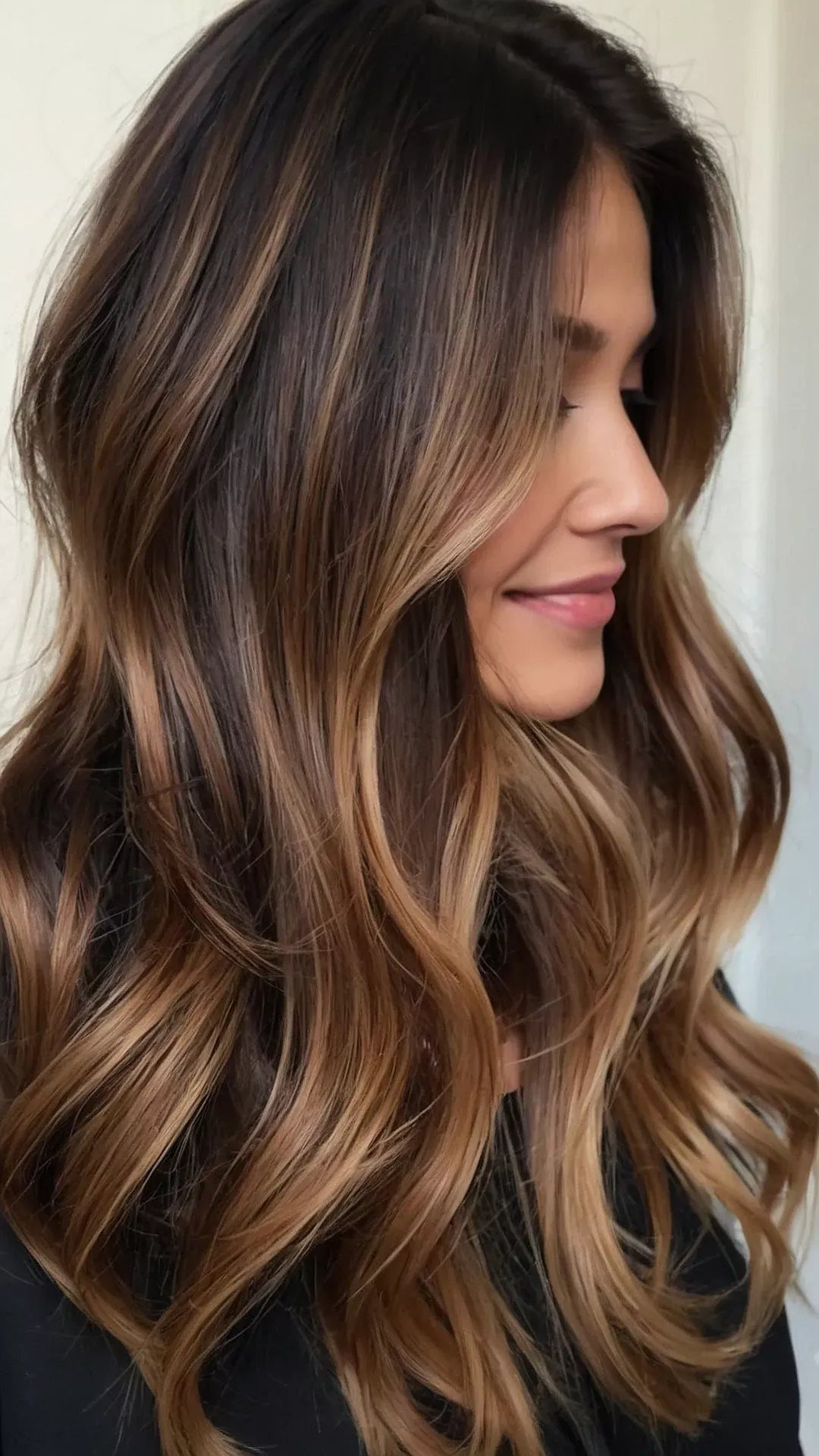Woman with dark layered waves and toffee highlights framing her face