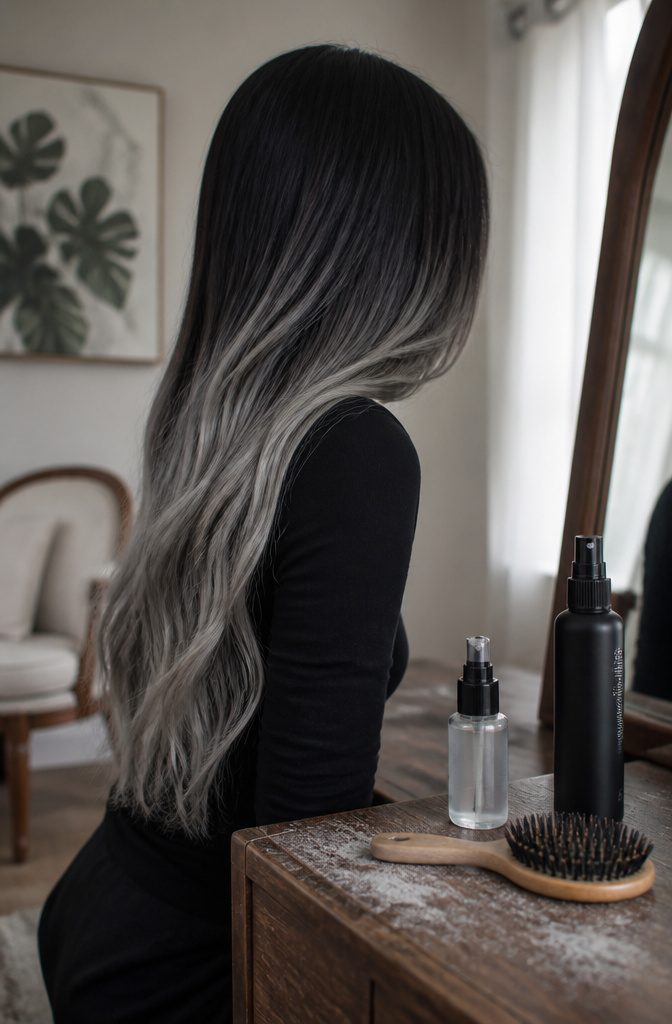 Black roots fading into ashy matte grey lengths