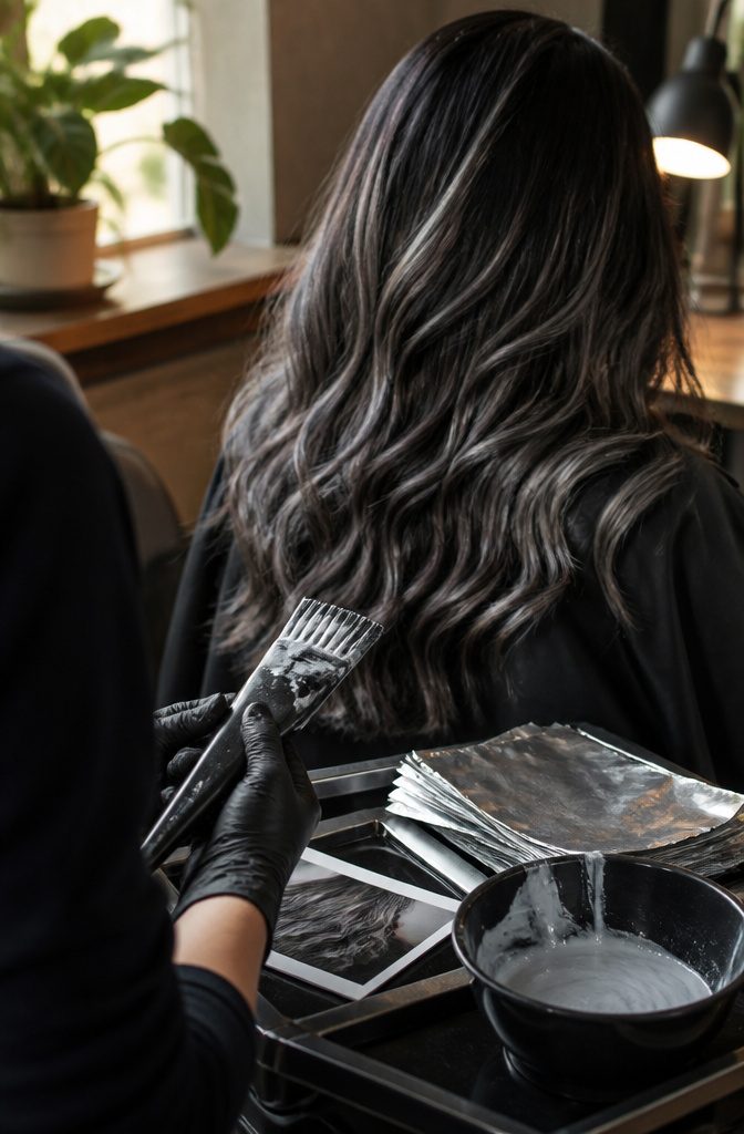 Black hair with hand-painted grey highlights in varied widths