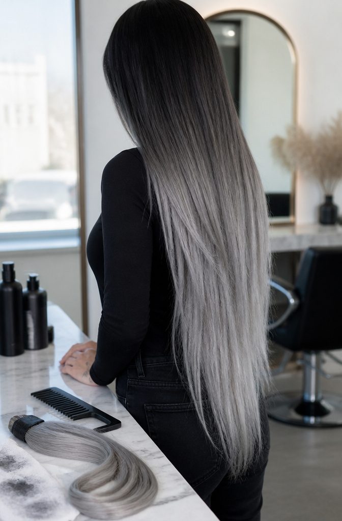 Black roots blending into grey silver hair ends
