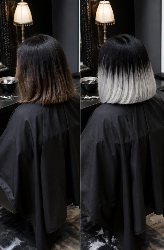 Near-black hair fading sharply into white ends