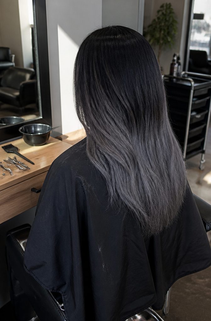 Black roots fading through midtone grey to darker grey ends