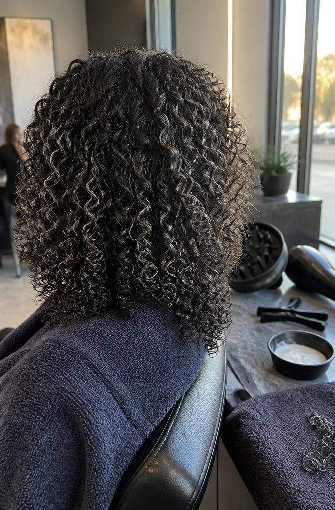 Dense black curls with narrow cool grey highlights