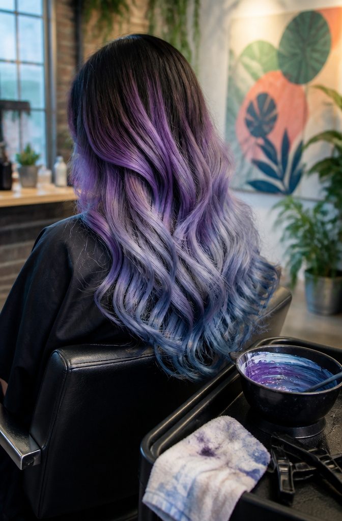 Long hair fading from black into lilac purple grey and blue