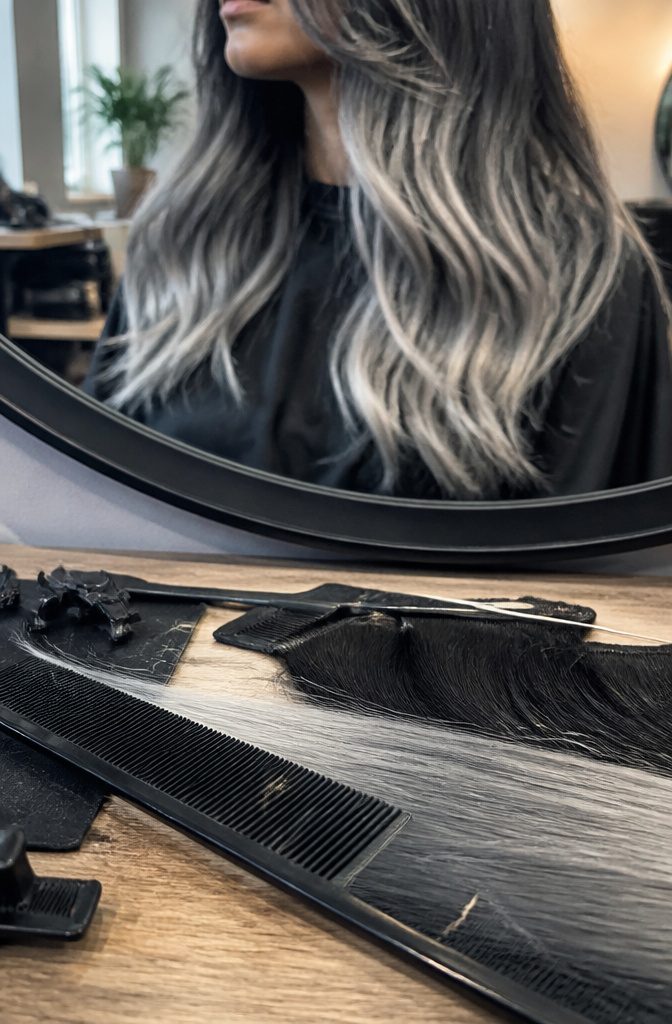 Black and grey ombre hair with face-framing bangs