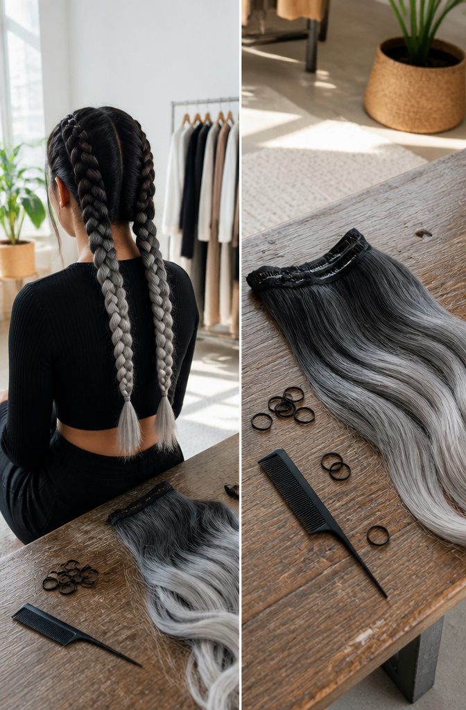 Long braid showing black roots and silver ends