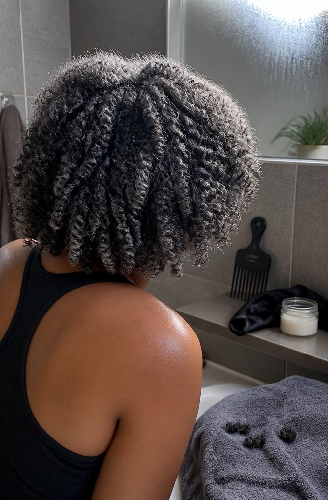 Spiral and kinky coils with black roots and silver-grey patches