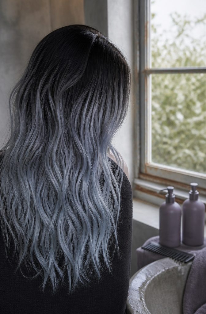 Dark roots fading into cool grey with a faint blue cast