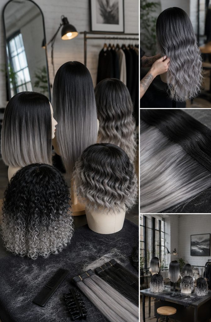 Hair length and texture comparison with black and grey gradients