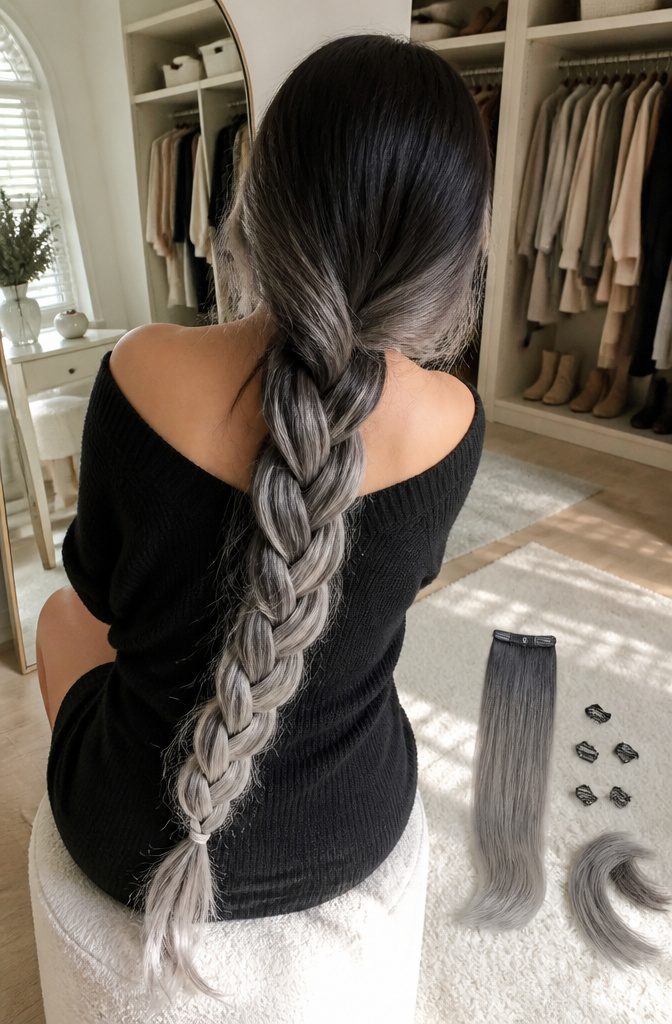 Long braid fading from black roots to silver-grey lengths